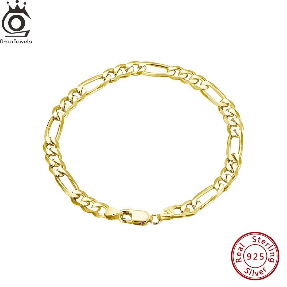 ORSA JEWELS Real 925 Sterling Silver Figaro Bracelets for Women 14K Gold Plated 3.3mm Figaro Link Chain Bracelets Jewelry SB66 - Uknowucme