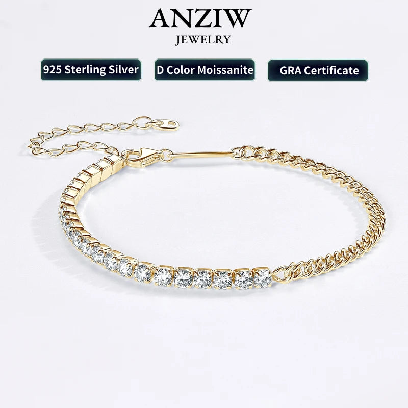 Anziw 100% Real 925 Silver Bracelet 3mm D Color Moissanite 18k Gold Plated Half Tennis Cuban Bracelet for Women Original Jewelry