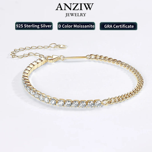 Anziw 100% Real 925 Silver Bracelet 3mm D Color Moissanite 18k Gold Plated Half Tennis Cuban Bracelet for Women Original Jewelry