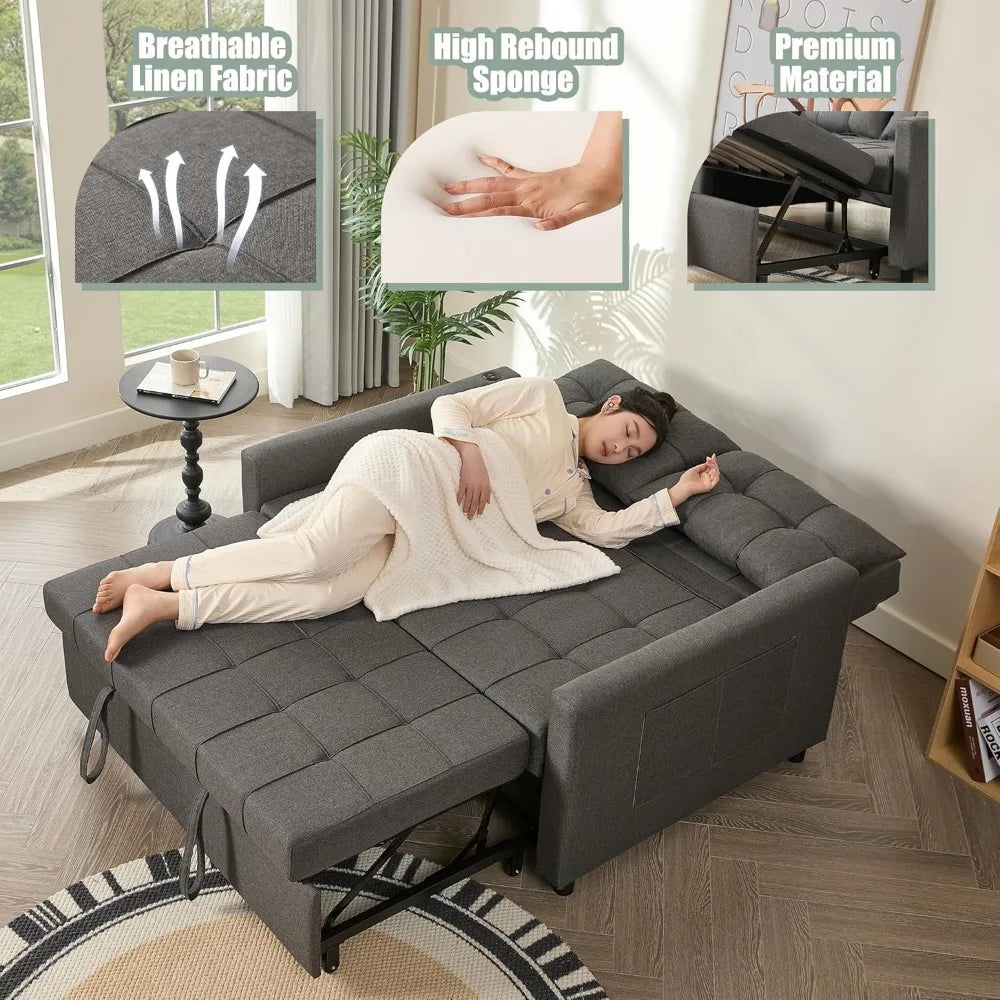 52" Sleeper Sofa with Pull-Out Bed, 3-in-1 Convertible Sofa Bed, Loveseat with Stepless Adjustable Backrest and Side Pocket - Uknowucme