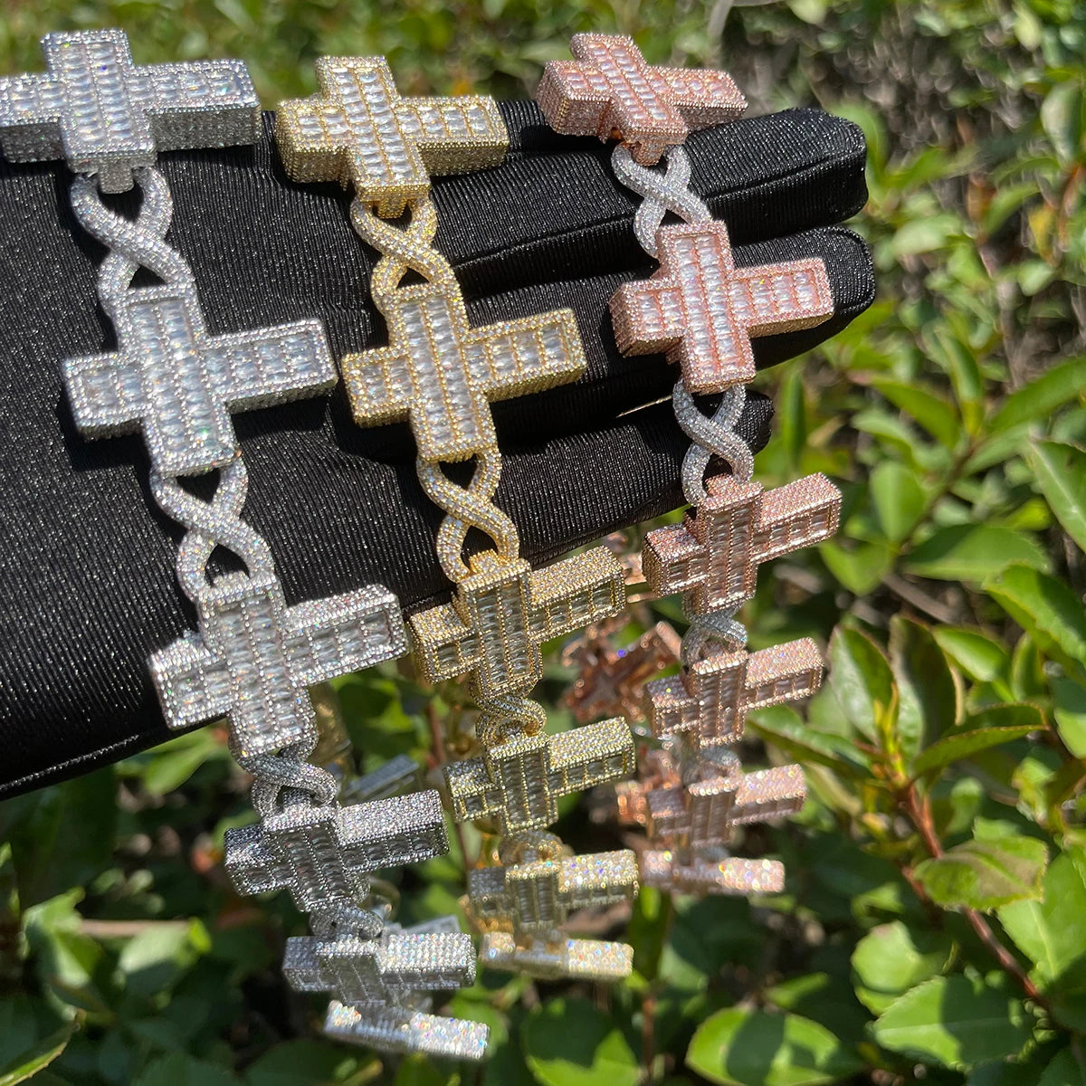 Bubble Letter Iced Out Infinity Link Bracelet for Men Baguette Cross Real Gold Plated Cubic Zirconia Hip Hop Jewelry - Uknowucme