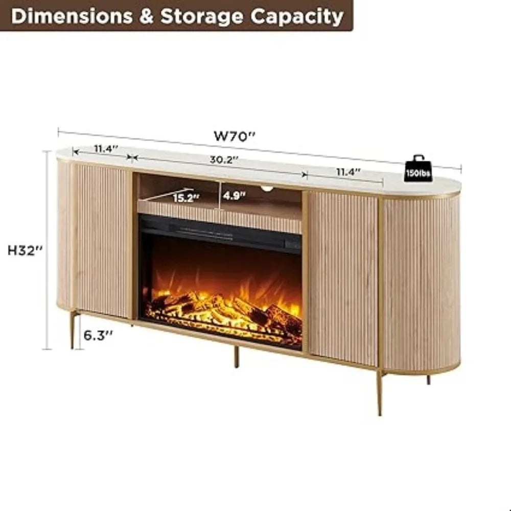 Luxury 70" Fluted Fireplace TV Stand, Modern Chic Entertainment Center for TVs Up to 80 inches, TV Console with Faux Marble Top - Uknowucme