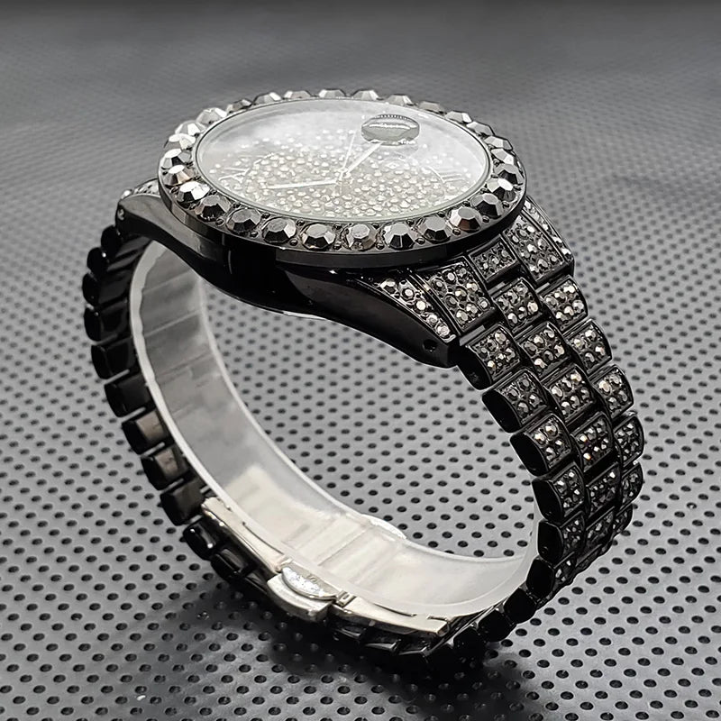 Stylish Black Crytal Watch For Men Unique Full Paved Diamond Quartz Timepiece Top Brand Fashion Bling Ice Out Male Hip Hop Clock