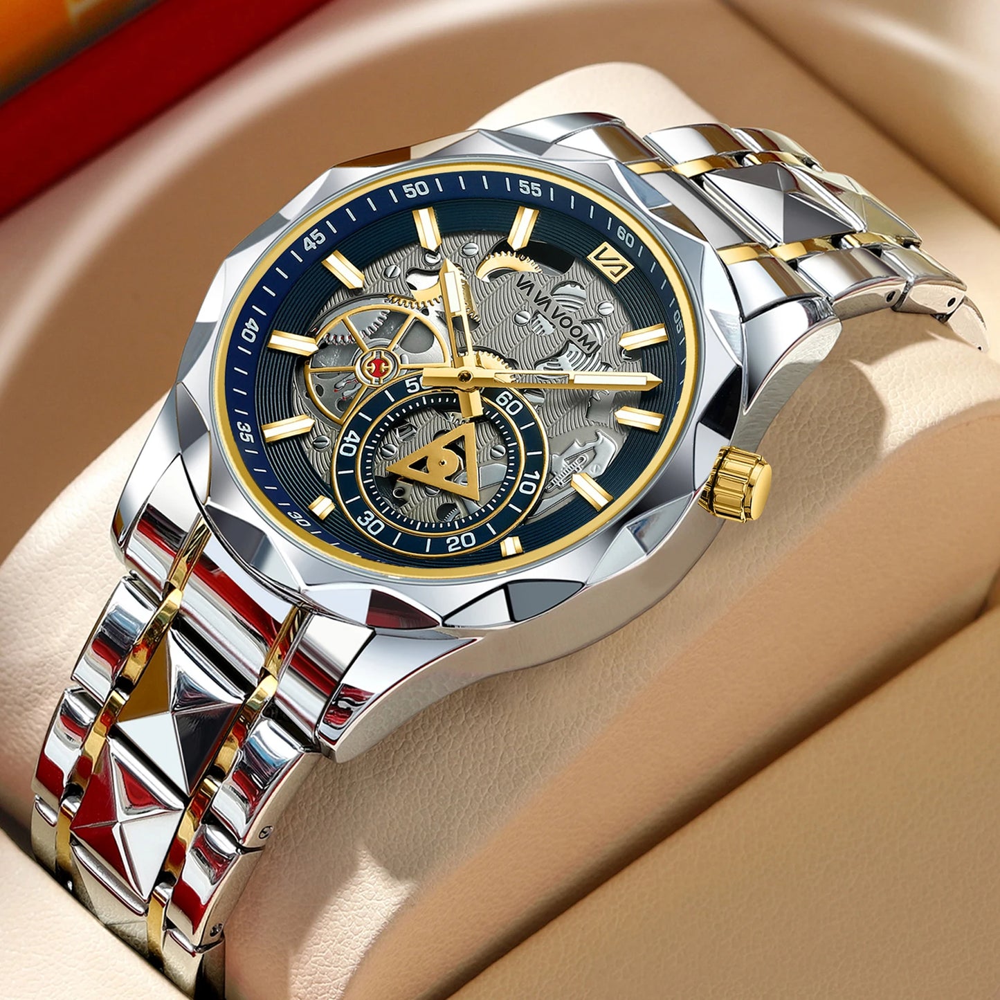 VA VA VOOM Stainless Steel Mens Quartz Watch With 41mm Hollowed Out Dial Quartz Movement Luminous Gold Luxurious Men Wristwatch - Uknowucme