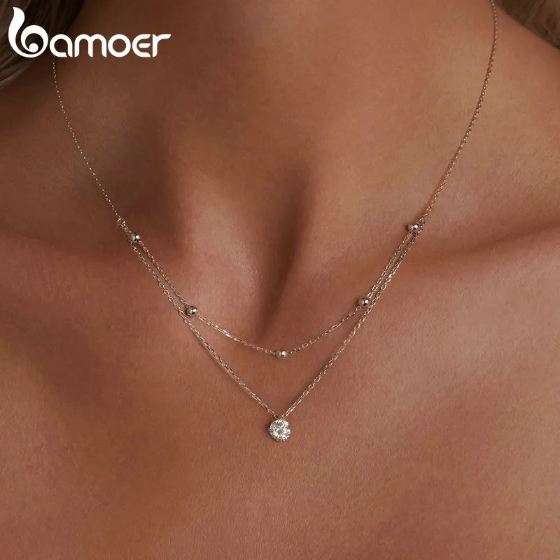 BAMOER Moissanite Layered Pendant Necklace, 925 Sterling Silver Round Multilayer Stylish Dainty Choker Necklace 17.7 inches - Uknowucme