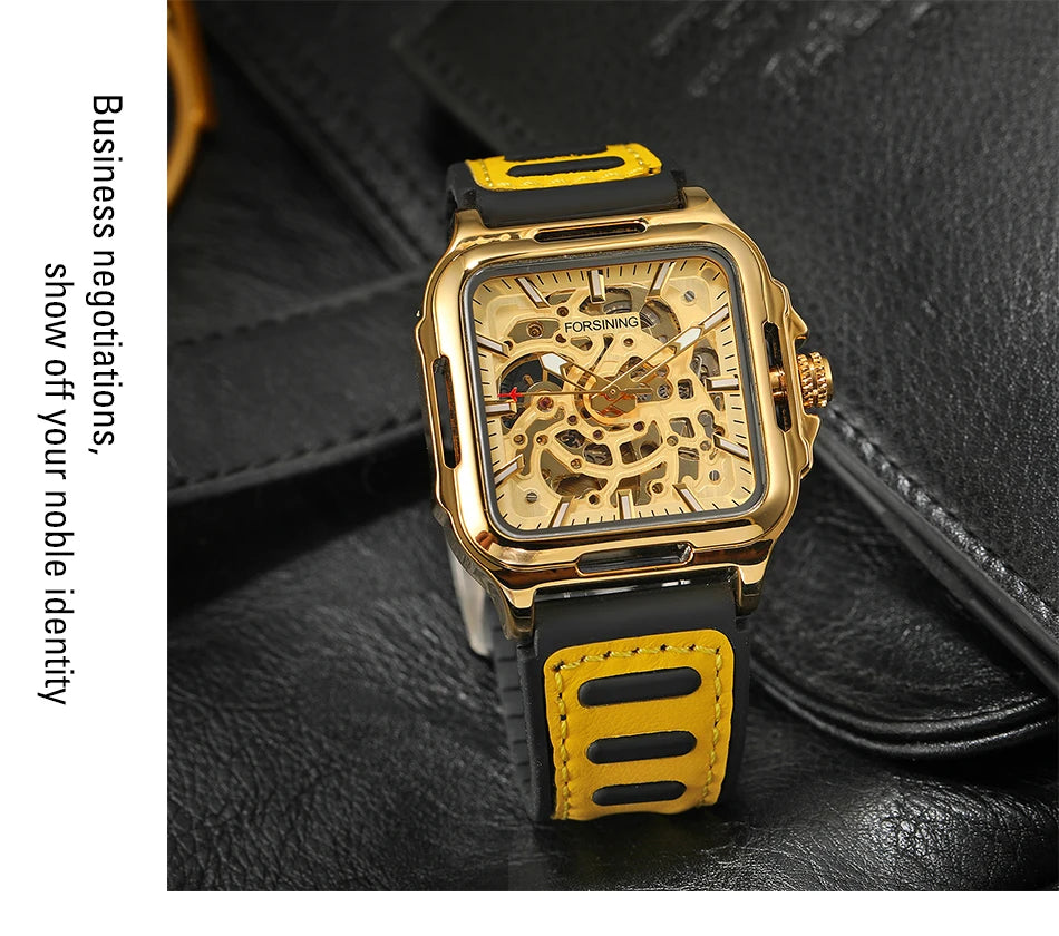 FORSINING Original Square Skeleton Mechanical Man Wristwatches Automatic Movement Field Sports Waterproof Silicone Replica Watch - Uknowucme