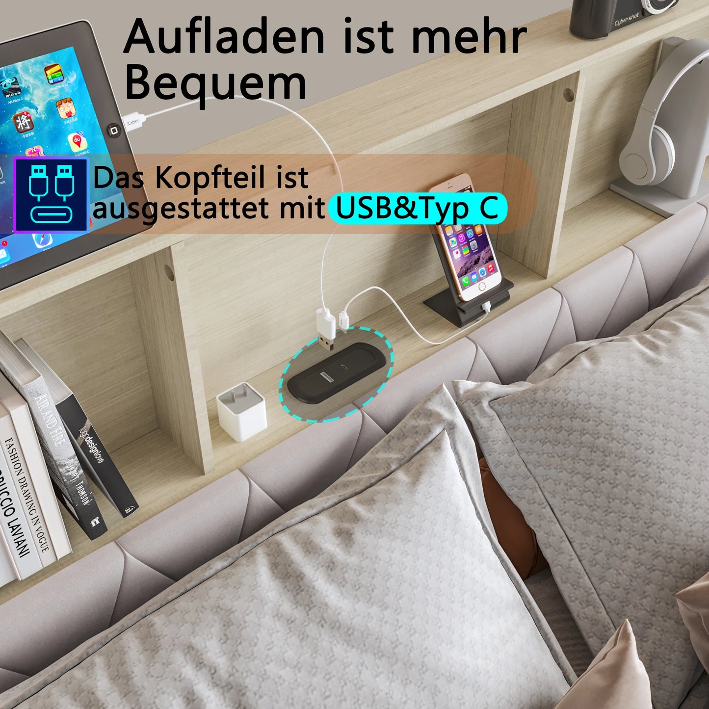 Upholstered Bed Frame with USB Charging Station and LED Lighting, Double Bed Storage Beds Functional Bed Frame with 4 Drawers