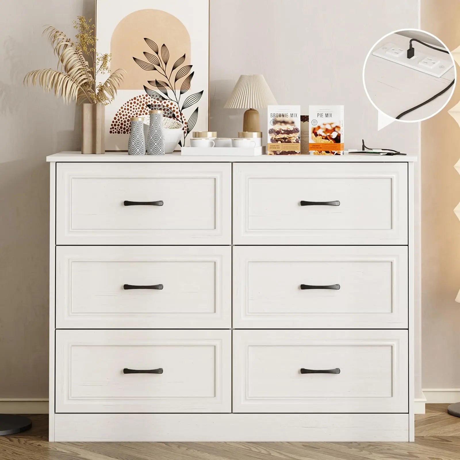 Vabches 6 Drawer Dresser for Bedroom Wood Chest of Drawers with Power Strip Tall Dresser Organizer with Metal Handle for Hallway - Uknowucme
