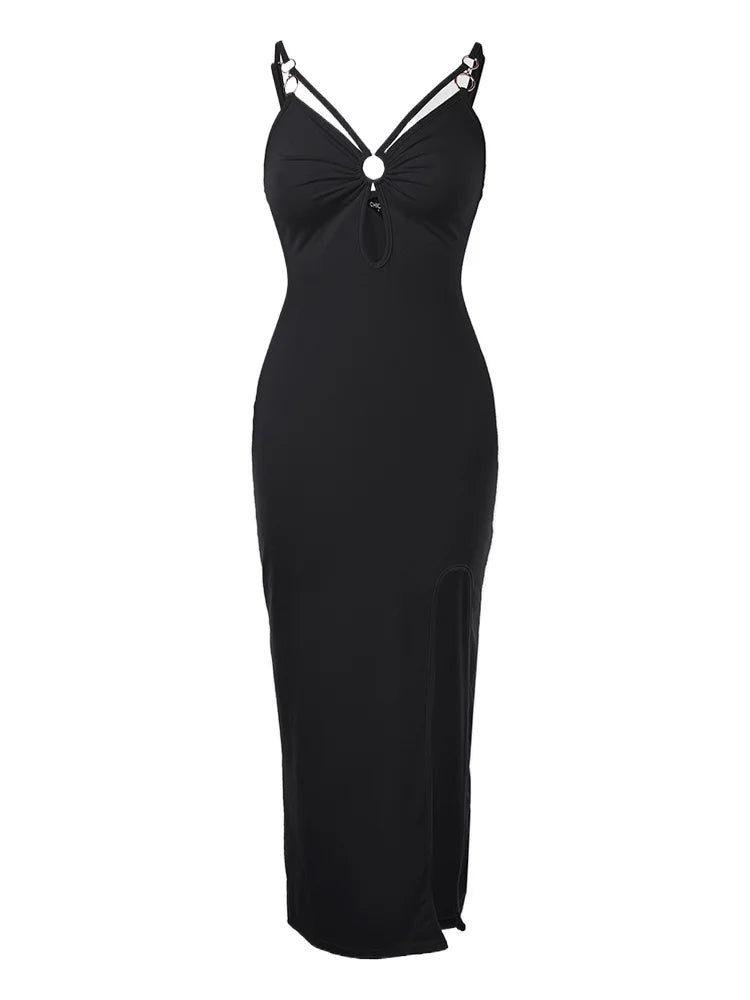 Womens Maxi Dresses Summer Trend 2024 Ladies Sexy O-ring Decoration Spaghetti Straps Hollow Out High Silt Vacation Party Dress - Uknowucme