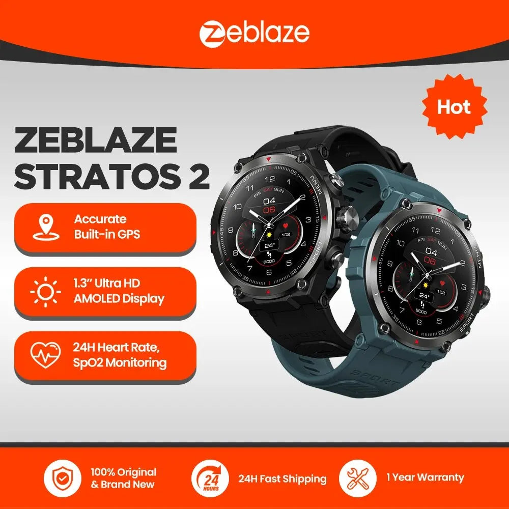 Zeblaze Stratos 2 GPS Smart Watch AMOLED Display 24h Health Monitor 5 ATM Long Battery Life Smartwatch for Men - Uknowucme