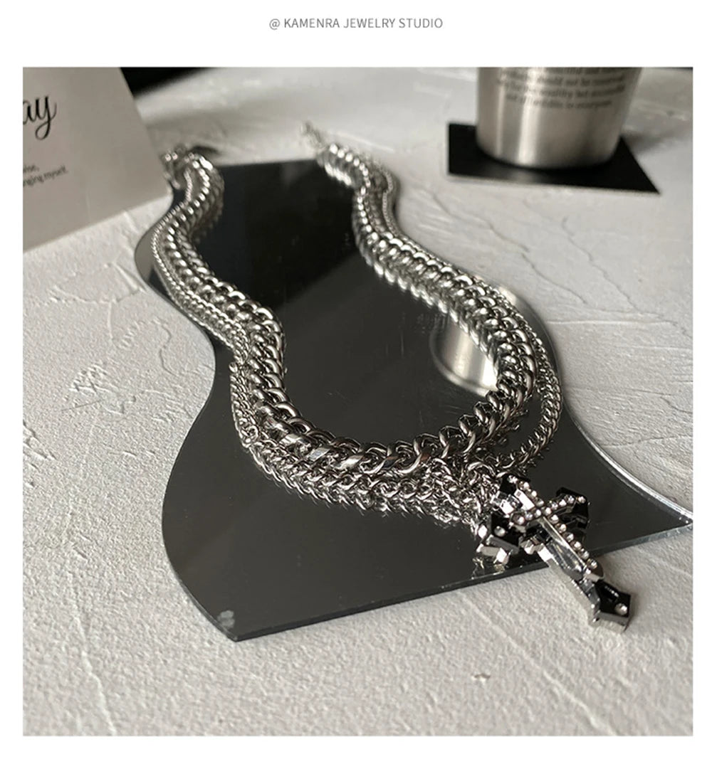 Stainless Steel Double Layer Cuban Chain Cross Pendant Necklace Men Silver Color Punk Hip hop Male Necklace Jewelry 2022 Trend