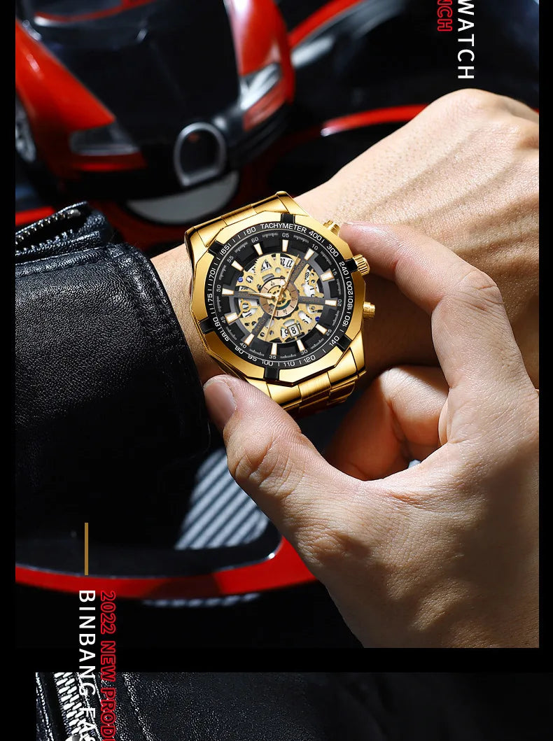 2025 Mens Quartz Watches Top Brand Luxury Stainless Steel Waterproof Hollow Out Blue Big Male Wristwatches Relogio Masculino - Uknowucme