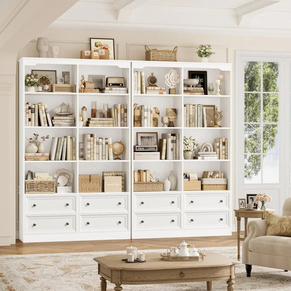 71" Tall Bookshelf with 4 Drawers, 6-Tier Double Wide Bookshelves and Bookcases with Storage, White Bookshelf Large Op