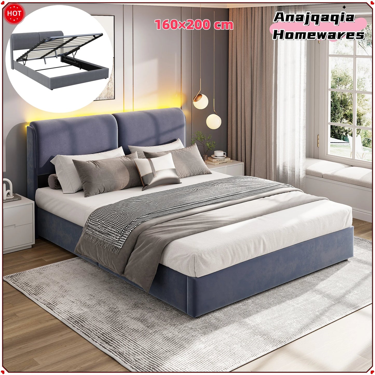 Anajqaqia 160×200 cm Upholstered Double Bed, Hydraulic Bed with LED Light and Slatted Base,Under-bed Storage Space, Velvet, Grey