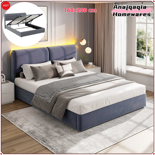 Anajqaqia 160×200 cm Upholstered Double Bed, Hydraulic Bed with LED Light and Slatted Base,Under-bed Storage Space, Velvet, Grey