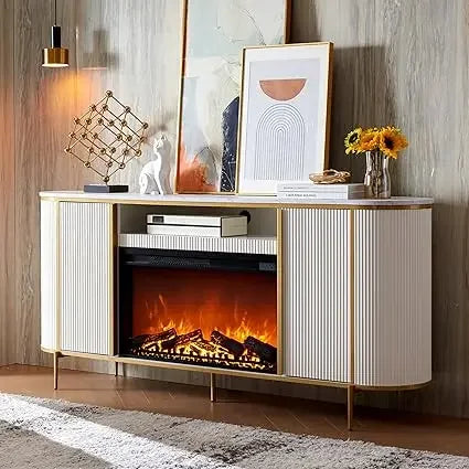 Luxury 70" Fluted Fireplace TV Stand, Modern Chic Entertainment Center for TVs Up to 80 inches, TV Console with Faux Marble Top - Uknowucme