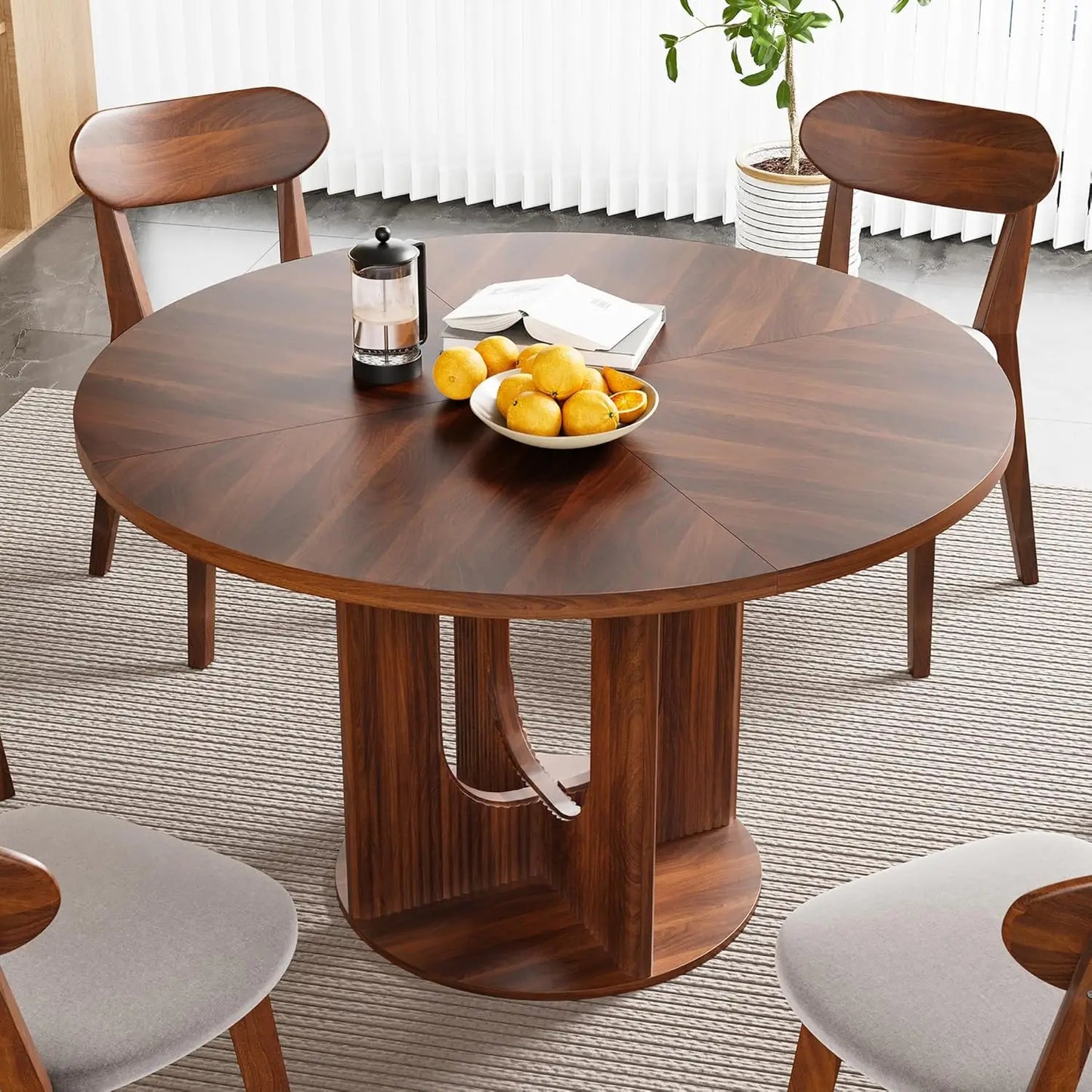 Farmhouse Round Fluted Dining Table for 4, 47 Inch Circle Kitchen Table with Wooden Pedestal Base, Dinner Tables for Home Living
