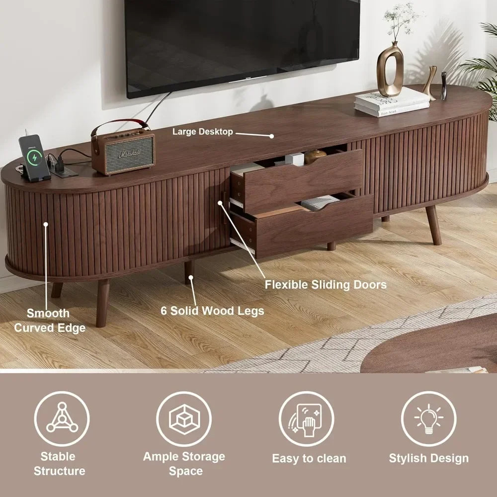 Mid Century Modern TV Stand with Charging Station, Farmhouse Curved Round Edge TV and Media Console Table with Drawer and Shelf