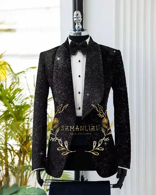 Men's Suit 2 Pieces Shiny Black Blazer Pants One Button Shawl Lapel Slim Fit Formal Groom Wear Wedding Party Costume Homme - Uknowucme