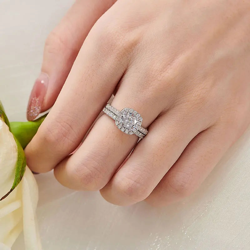 Newshe Prata 925 Silver Engagement Rings Set for Women Anillos Brilliant Halo Round Cut Cubic Zircon Luxury Wedding Jewelry - Uknowucme