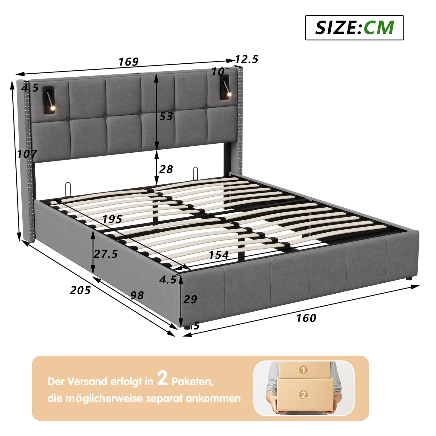 Double Bed 160x200cm, Upholstered Bed with USB & Reading Lamps, Bed Box, Storage Beds Bed Frame Velvet, Youth Bed with Headboard