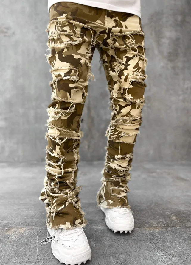 Spliced Distressed Denim Pants Men Jeans Ripped Mid Waist Pockets High Street Jean Skinny Washed Ankle Length Pencil Pants - Uknowucme