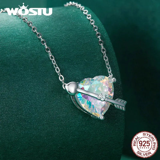 WOSTU 925 Sterling Silver Original Zircon Love Necklace Adjustable Neck Chain Cupid Arrow Heart Pendant For Women Jewelry Gift - Uknowucme