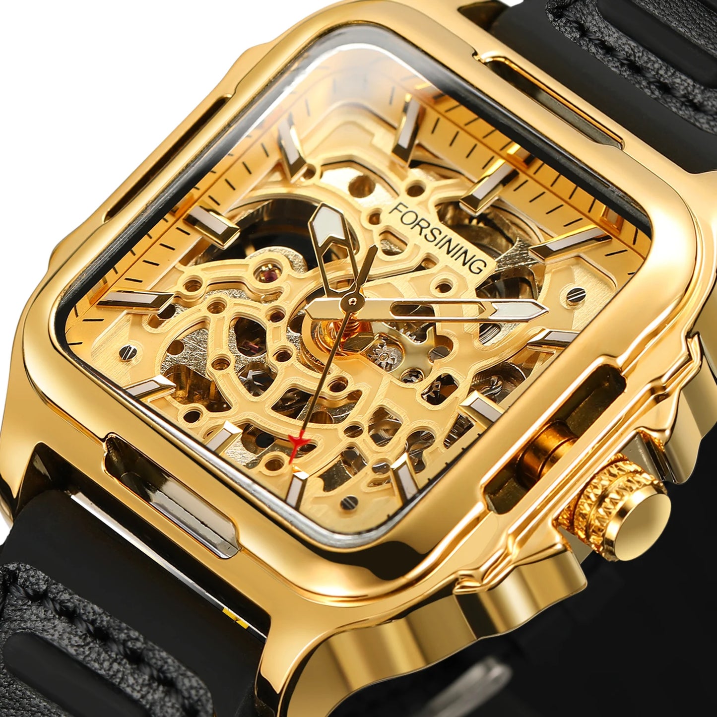 FORSINING Original Square Skeleton Mechanical Man Wristwatches Automatic Movement Field Sports Waterproof Silicone Replica Watch - Uknowucme