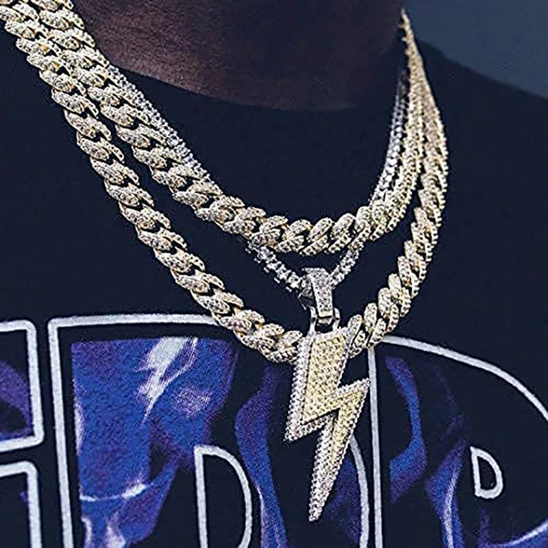 TOPGRILLZ Iced Out Bling Lightning Pendants With Tennis Chain Copper Material AAA Cubic Zircon Men's Hip Hop Jewelry Gift