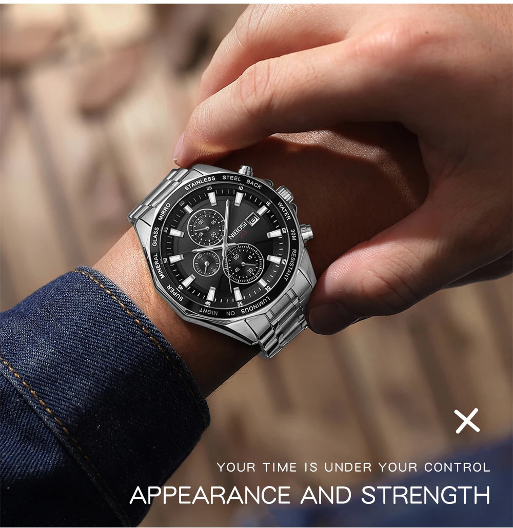 NIBOSI Fashion Big Watch Stainless Steel Top Brand Luxury Sport Chronograph Quartz Watches For Men Wristwatch Relogios Masculino - Uknowucme