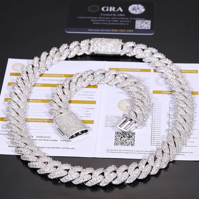 Custom Color 2 Tones 18mm 925 Sterling Silver 3 Row Vvs Moissanite Diamond Iced Out Bubble Cuban Link Chain Necklace - Uknowucme