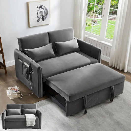 3 in 1 Pull Out Convertible Sofa Bed-Velvet Sleeper Sofa with 3Level Adjustable Backrest,Tufted Love Seat w/ 2Pockets ＆ 2Pillows - Uknowucme