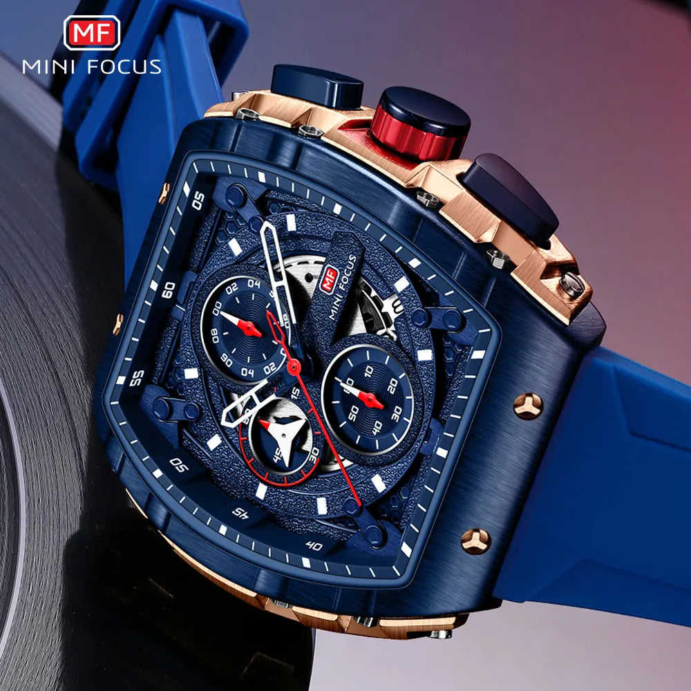 MINI FOCUS Chronograph Quartz Watch for Men Tonneau Dial Military Sport Wristwatch with Orange Silicone Strap Auto Date 0399 - Uknowucme