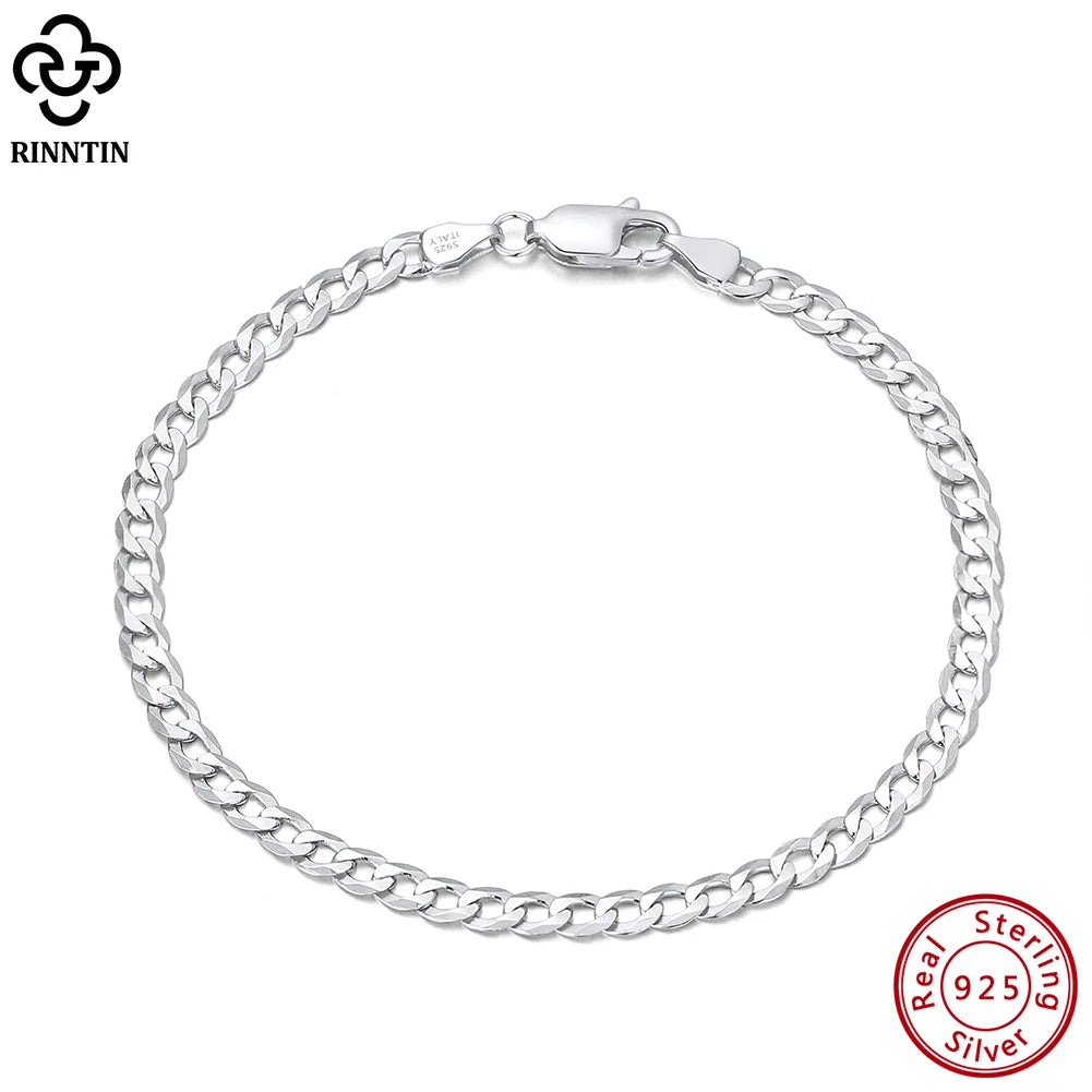 Rinntin 925 Sterling Silver Handmade 3mm Cuban Chain Bracelet for Men Women Italian Silver Link Chain Bracelet Jewelry SB123