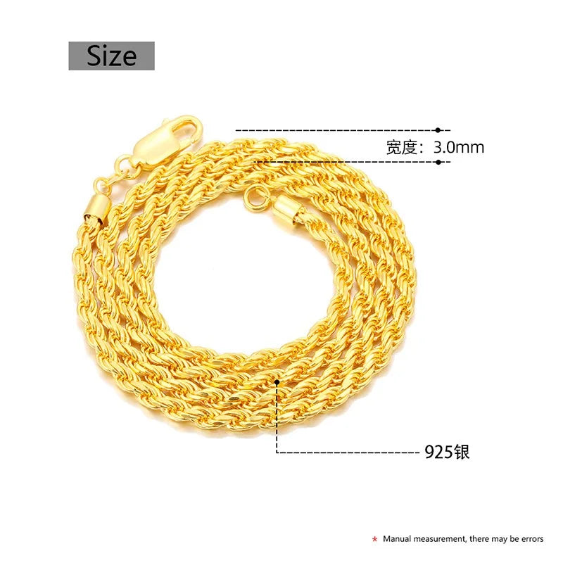 Hip Hop 3MM Twist Chain Necklace Bracelet 925 Sterling Silver Rope Link Chain Necklace 18k Gold Plated Fine Jewelry - Uknowucme