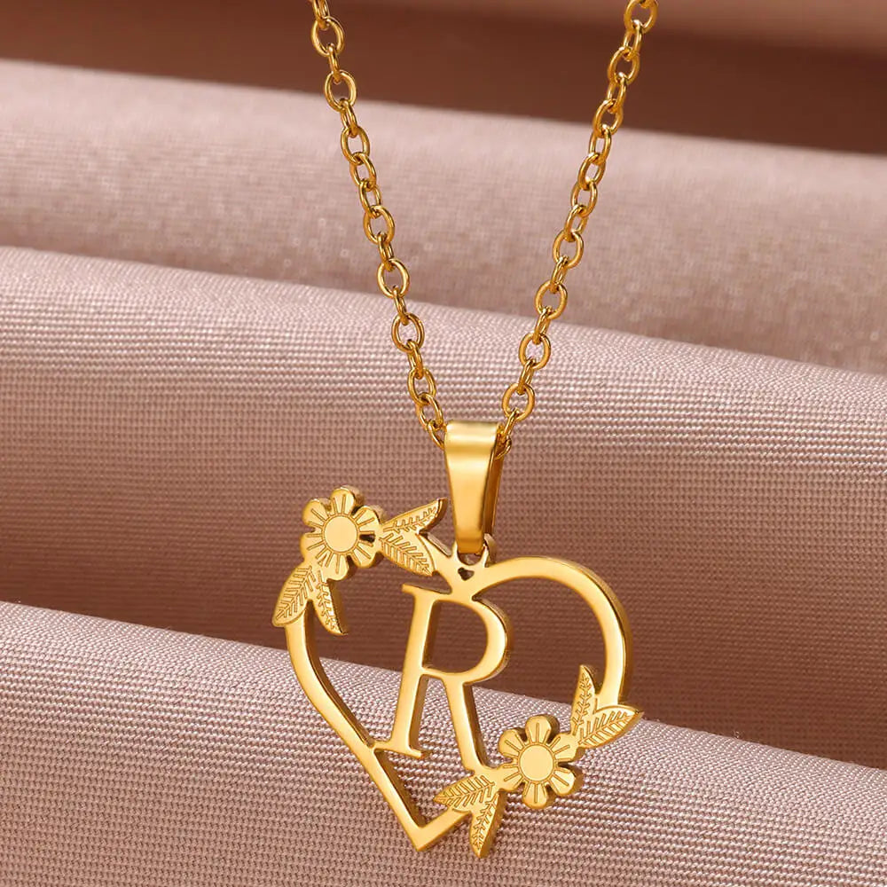 Gold Color Dainty Flower Initials Necklace Women Girl Stainless Steel Heart Letter Choker Necklace Best Gifts Alphabet Jewelry - Uknowucme