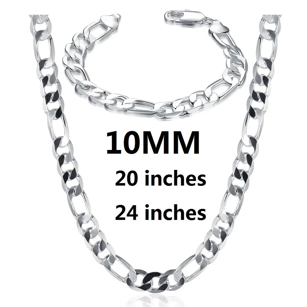New luxury 925 Sterling silver classic 10MM Figaro Chain bracelets neckalces jewelry set for man women fashion party Accessories - Uknowucme