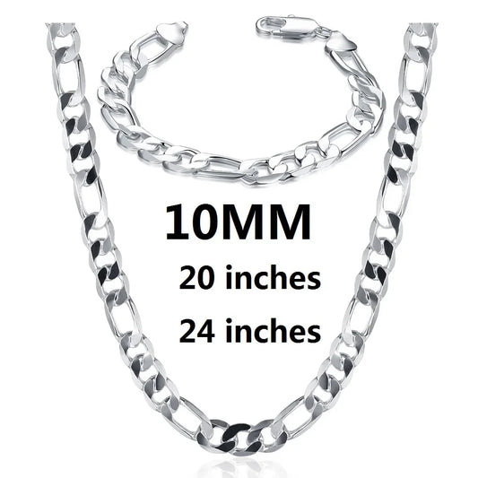 New luxury 925 Sterling silver classic 10MM Figaro Chain bracelets neckalces jewelry set for man women fashion party Accessories - Uknowucme
