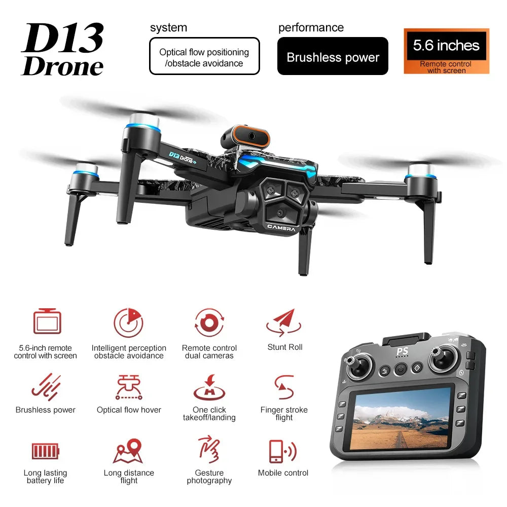 Aircraft Foreign Trade New D13 Drone with 5.6-inch Screen Control Brushless Quadcopter Obstacle Avoidance Remote-controlled - Uknowucme