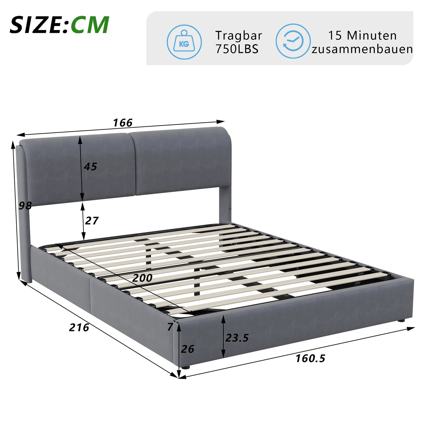 Anajqaqia 160×200 cm Upholstered Double Bed, Hydraulic Bed with LED Light and Slatted Base,Under-bed Storage Space, Velvet, Grey