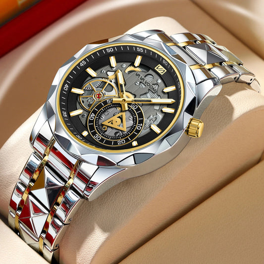 VA VA VOOM Stainless Steel Mens Quartz Watch With 41mm Hollowed Out Dial Quartz Movement Luminous Gold Luxurious Men Wristwatch - Uknowucme
