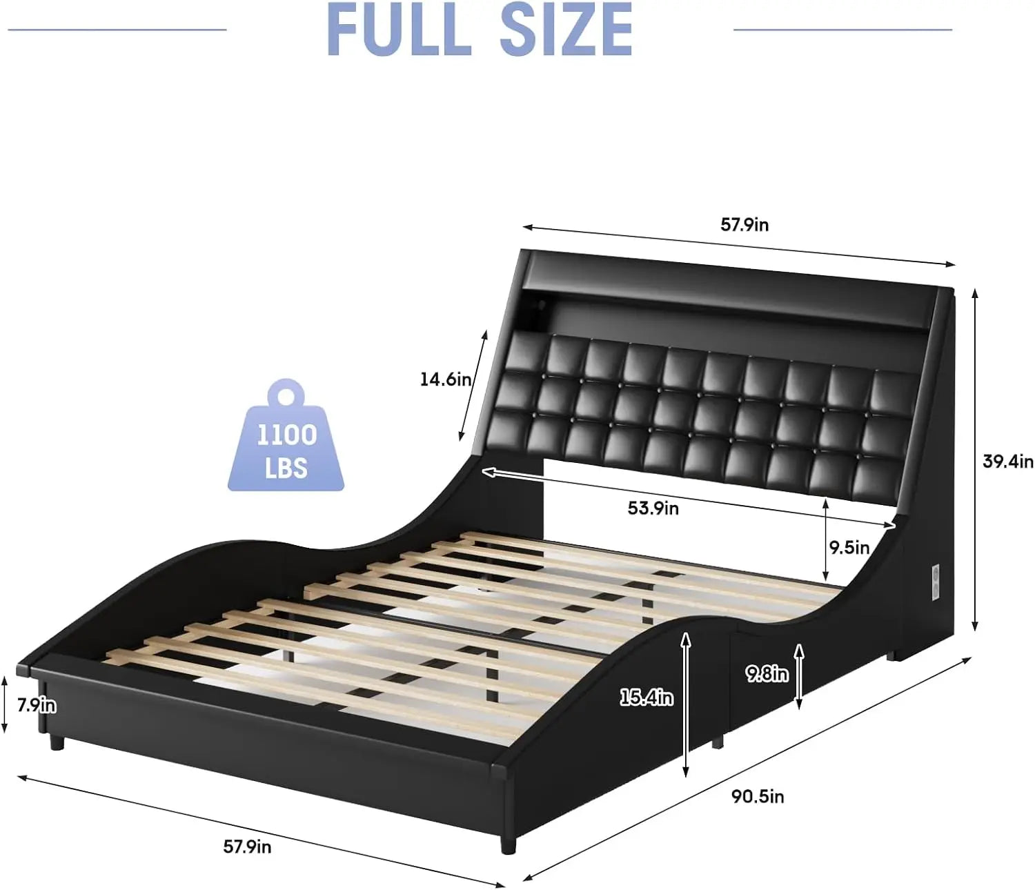 Vabches Full Size Bed Frame with Wave-Like Curve Design PU Leather Upholstered Platform Bed Frame w Charging Station&LED Lights - Uknowucme