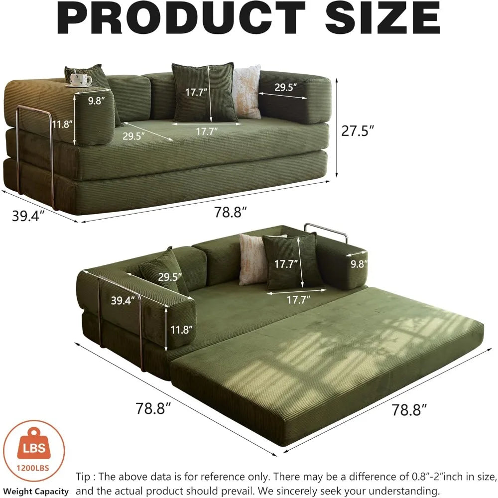 78.8”Compression Sofa - Convertible Sleeper Sofa Bed with Pillow Back Support - Corduroy Foldable Sofa Bed with Fixed-Shape