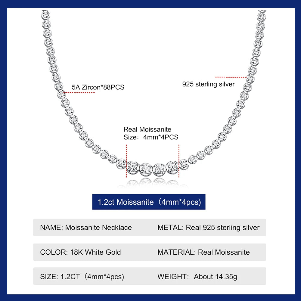 Moissanite Tennis Necklace for Women S925 Sterling Silver Plated Gold 1.2 Carat Diamond Chain Necklaces Wedding Party Jewelry - Uknowucme