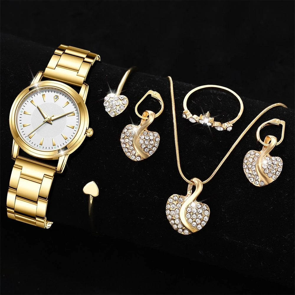 Women's Quartz Watch Gold Luxury Women Ring Necklace Earring Rhinestone Fashion Wristwatch Casual Ladies Watches Jewelry Set ﻿ - Uknowucme