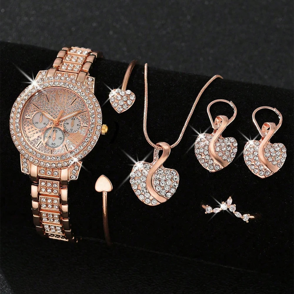 Women's Quartz Watch Gold Luxury Women Ring Necklace Earring Rhinestone Fashion Wristwatch Casual Ladies Watches Jewelry Set ﻿ - Uknowucme