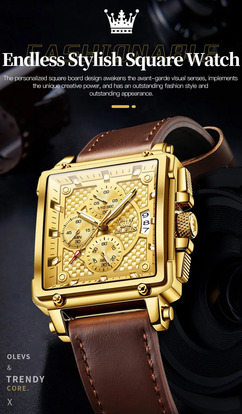 OLEVS Brand 9925 Men's Watches Gold Square Dial Quartz Male Watch Original Leather Strap Fashion Watch 30m Waterproof Top Ten - Uknowucme