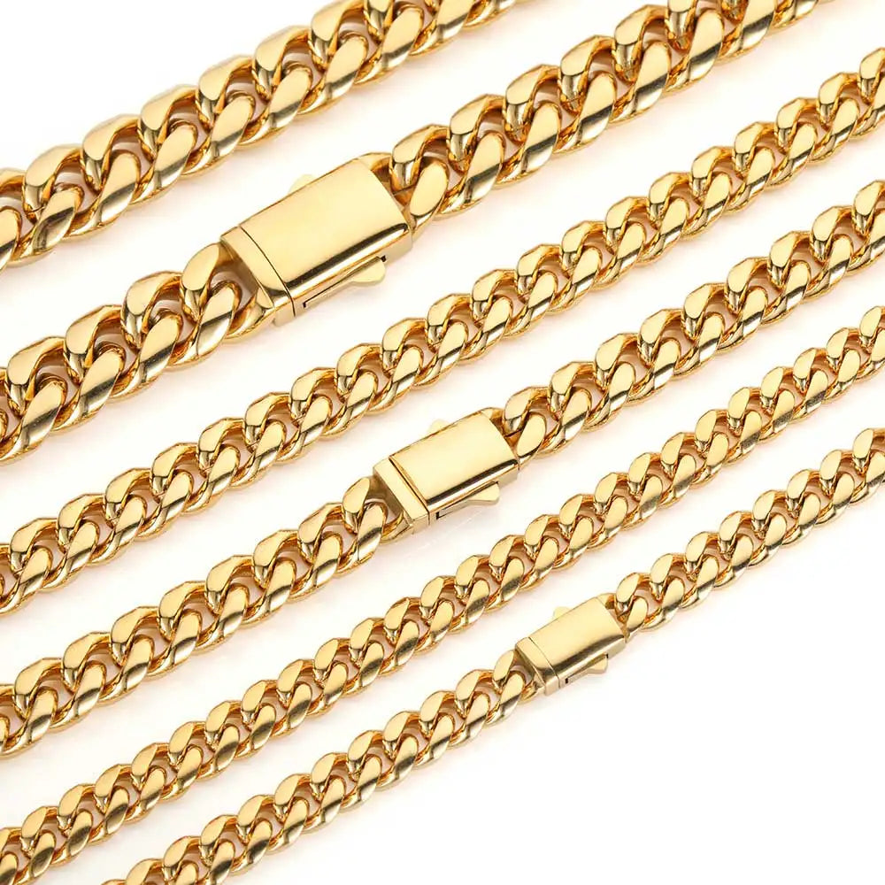 High Quality Width 8-14mm Stainless Steel Gold Color Cuban Chain Waterproof Men woman Curb Link Necklace Various Sizes - Uknowucme