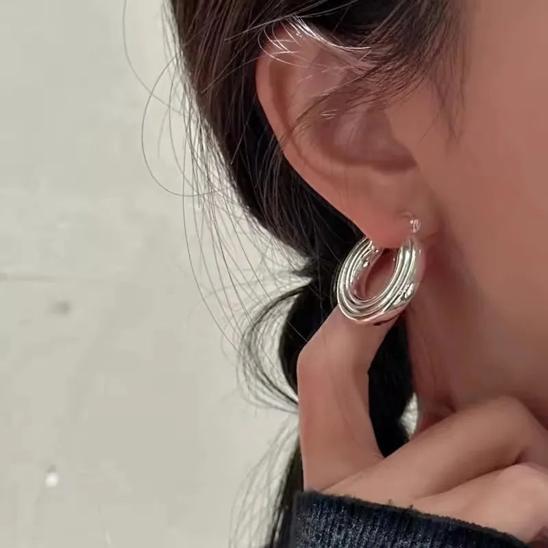 925 Sterling Silver Vintage Earrings For Women Trendy Simple Round Strip Earring Jewelry Prevent Allergy Party Accessories Gift - Uknowucme