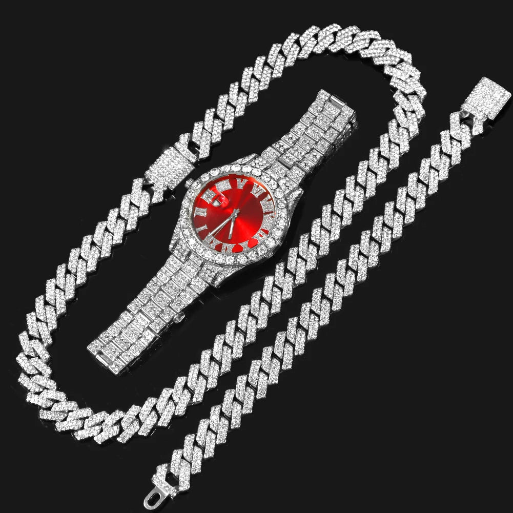 Necklace+Watch+Bracelet Iced Out Watch For Men Hip Hop 14MM Prong Cuban Chain Rapper Cuban Necklaces Set Punk Party Jewelry Gift